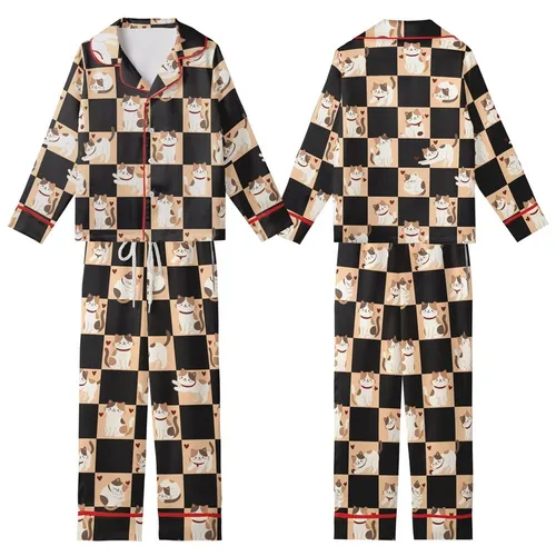 Cat Lovers' Whimsical Jet Black Peachy-Orange Checkerboard Cartoon Cat Heart Pattern Kid Satin Pajamas Set