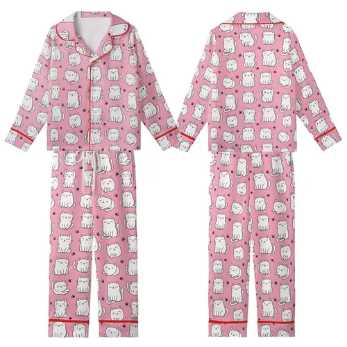 Cat Lovers' Vibrant Bubblegum Pink Whimsical White Cartoon Cat Pattern with Black Outlines & Paw Prints Kid Satin Pajamas Set
