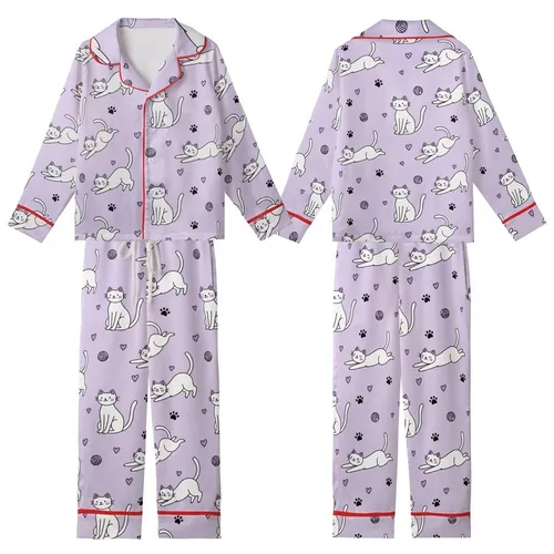 Cat Lovers' Whimsical Flat White Cartoon Cats, Black Paw Prints & Yarn Balls on Light Lavender Pattern Kid Satin Pajamas Set