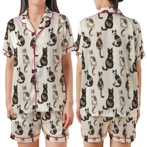 Cat Lovers' Seamless Illustrative Cats Pattern Warm Brown Tan Grey Black White Calico Tortoiseshell Bow Ties Cream Satin Short-Sleeve Pajamas Set