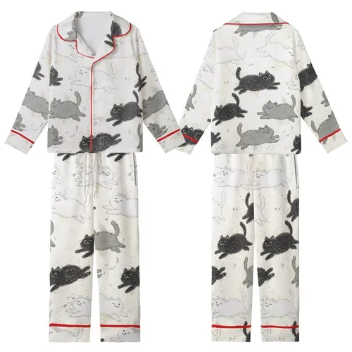 Cat Lovers' Whimsical Fluffy Happy Cats Sketchy Seamless Pattern Black White Grey Beige Distressed Kid Satin Pajamas Set