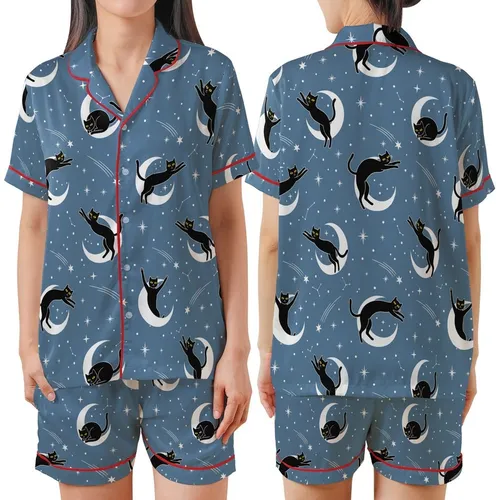 Cat Lovers' Whimsical Muted Blue Black Cat Playful Starry Moon Seamless Pattern Satin Short-Sleeve Pajamas Set