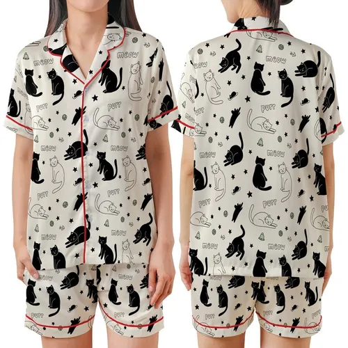 Cat Lovers' Whimsical Hand-Drawn Black Doodle Cats Soft Cream Seamless Pattern, Stars, Fishbones, Yarn, Meow Purr Satin Short-Sleeve Pajamas Set