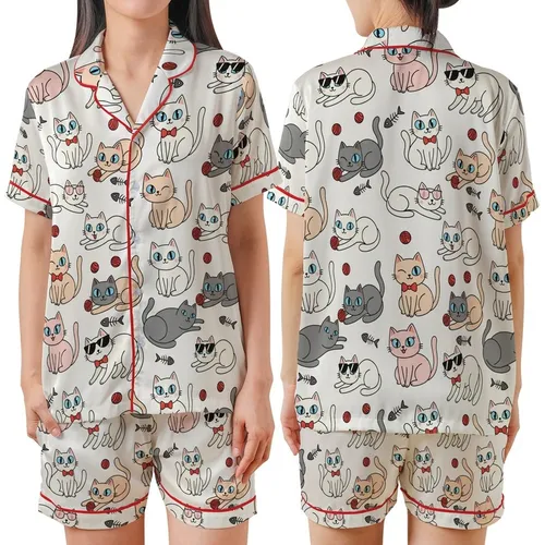 Cat Lovers' Whimsical Flat Cartoon Cats Seamless Pattern with Red Bow Ties, Pink Sunglasses, Yarn Balls, Off-White, Pink, Grey Hues Satin Short-Sleeve Pajamas Set