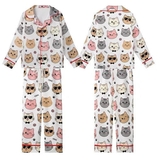 Cat Lovers' Kawaii Cat Faces All-Over Print: Pink, Beige, Grey Cats with Bow Ties, Heart Sunglasses Kid Satin Pajamas Set