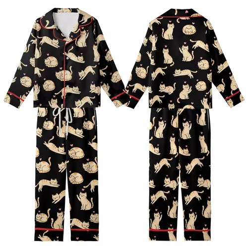 Cat Lovers' Whimsical Black Seamless Pattern with White & Orange-Tan Flat Cartoon Cats & Pink Accents Kid Satin Pajamas Set