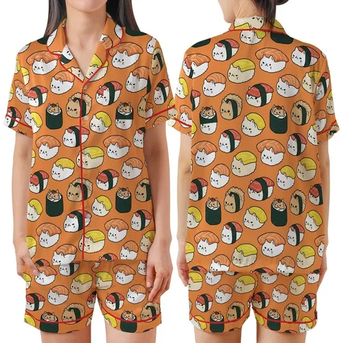 Cat Lovers' Whimsical Grumpy Fluffy Cat Sushi Nigiri & Maki All-Over Pattern on Vivid Tangerine Orange Satin Short-Sleeve Pajamas Set