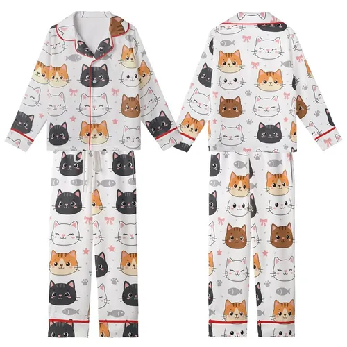 Cat Lovers' Whimsical Cartoon Cat Faces, Minimalist Feline Art, Pink Bows & Paw Prints Pattern on White Kid Satin Pajamas Set