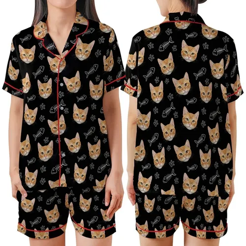 Cat Lovers' Black Whimsical Photo-Realistic Ginger Cat Faces & Hand-Drawn White Fish Skeletons Pattern Satin Short-Sleeve Pajamas Set