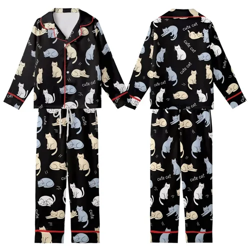 Cat Lovers' Seamless Black Playful Cartoon Cats Beige Blue-Grey Flat Art Whimsical 'Cute Cat' Pattern Kid Satin Pajamas Set