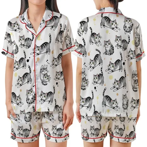 Cat Lovers' Whimsical Smiling Cartoon Kittens Black White Grey Striped Shaggy Fur Ink Splatter Sketch Art Satin Short-Sleeve Pajamas Set