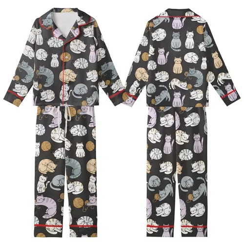 Cat Lovers' Whimsical Cartoon Cats Seamless All-Over Pattern Deep Black Soft Grey Blue Lavender Pink Kid Satin Pajamas Set