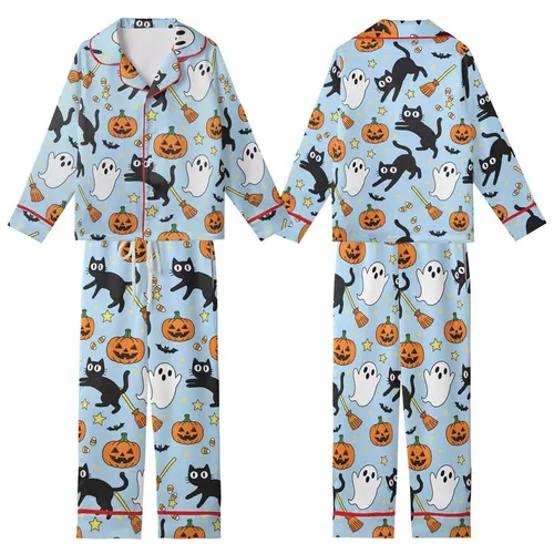 Whimsical Lovers' Playful Black Cat Ghost Jack-o'-Lantern Bat Broom Candy Corn Pattern on Sky Blue Kid Satin Pajamas Set