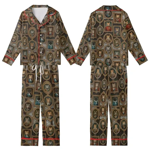 Cat Lovers' Painterly Antique Feline Royalty Gallery Wall with Ornate Gold Frames, Damask & Deep Hues Kid Satin Pajamas Set