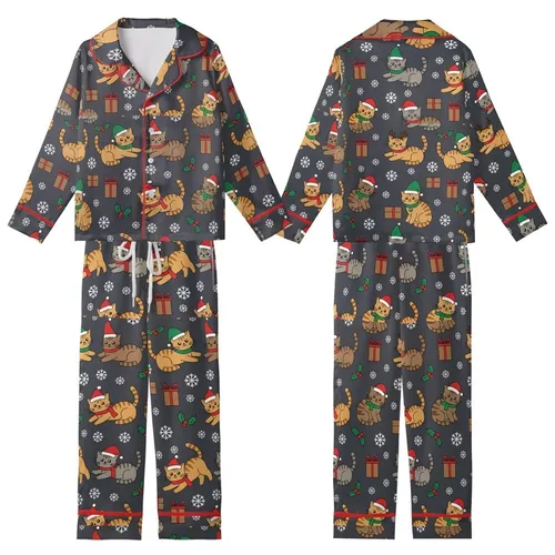 Cat Lovers' Whimsical Flat Cartoon Kittens Festive Christmas Santa Hats Snowflakes Dark Grey Pattern Kid Satin Pajamas Set