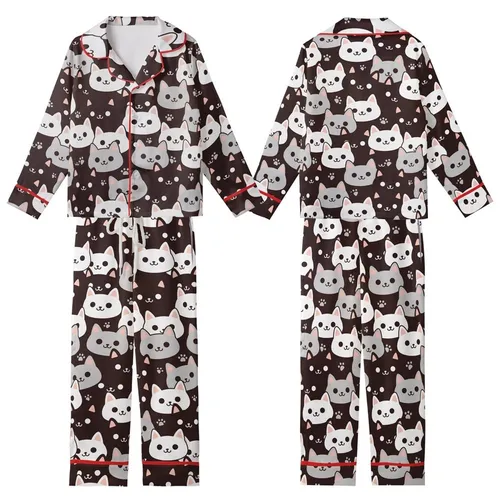Cat Lovers' Playful Cartoon Feline Faces Seamless Pattern Dark Brown White Pink Kid Satin Pajamas Set