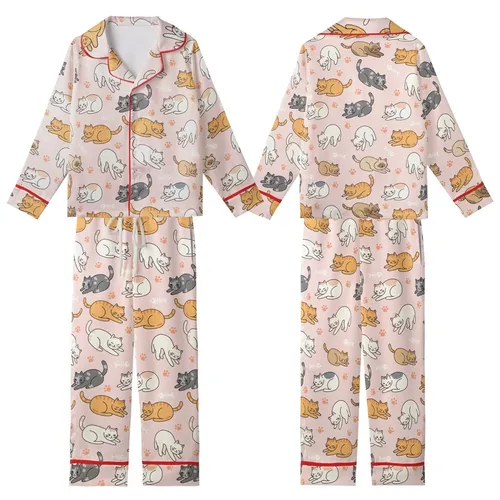 Cat Lovers' Whimsical Pink Cartoon Cat Pattern, Diverse Felines with Orange Paw Prints & Fish Skeletons Kid Satin Pajamas Set