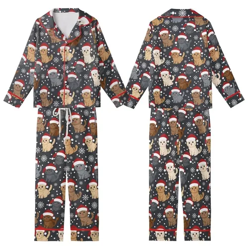 Cat Lovers' Realistic Fluffy Kittens Christmas Red Santa Hats Snowflakes All-Over Design Kid Satin Pajamas Set