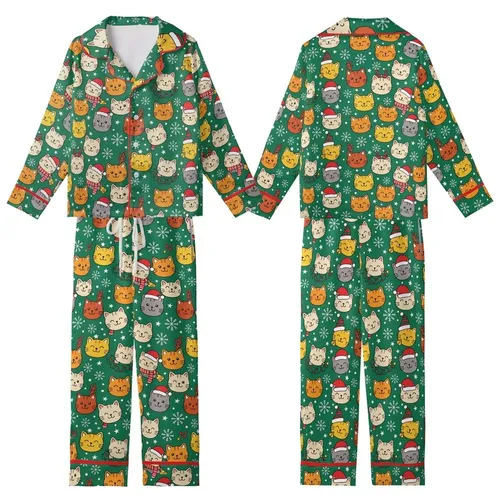 Cat Lovers' Vibrant Emerald Green Flat Graphic Cartoon Cat Faces Festive Santa Elf Hat Antlers Snowflakes Pattern Kid Satin Pajamas Set
