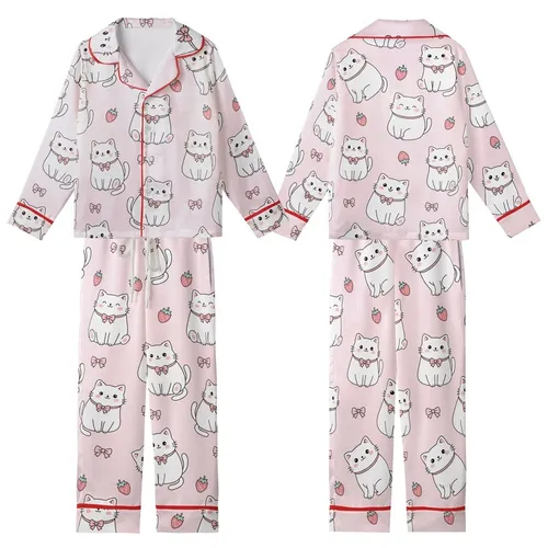 Cat Lovers' Adorable Plump Pastel Pink Cartoon Cats Strawberry Bow Pattern Kid Satin Pajamas Set