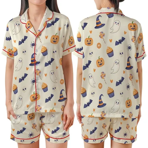 Whimsical Halloween Enthusiasts' Cream Orange Indigo Jack-o'-Lantern Ghost Bat Sweet Treats Pattern Satin Short-Sleeve Pajamas Set