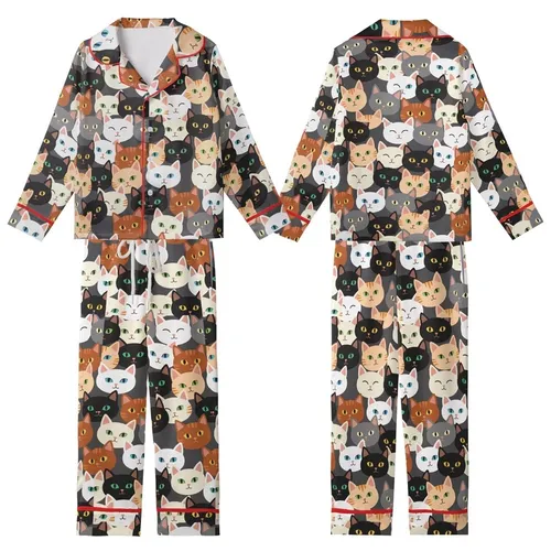 Cat Lovers' Whimsical Seamless Diverse Cat Faces Pattern Deep Charcoal Grey White Black Ginger Felines Kid Satin Pajamas Set