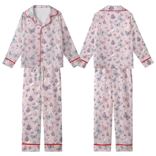 Women's Intricate Pastel Pink Illustrative Butterfly Scatter with Blue, Lavender, Grey, Mauve Accents Kid Satin Pajamas Set
