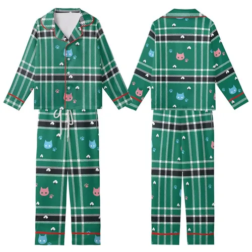 Cat Lovers' Bold Green Black White Tartan Plaid Pink Blue Stylized Cat Heads & Paw Prints Graphic Kid Satin Pajamas Set