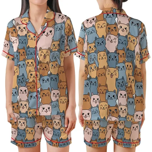 Cat Lovers' All-Over Seamless Cute Expressive Cartoon Cats Pattern, Flat Vector Art, Peach, Blue, Caramel, Pink on White Satin Short-Sleeve Pajamas Set
