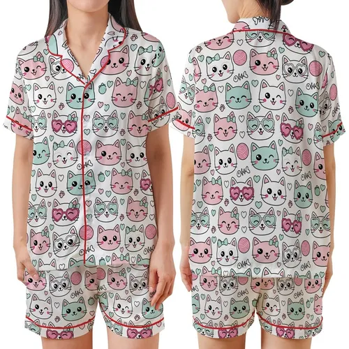 Kawaii Cat Lovers' Seamless Pastel Pink Teal Blue White Cartoon Cat Faces Pattern with Bows, Hearts, & Sunglasses Satin Short-Sleeve Pajamas Set