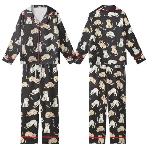 Cat Lovers' Charcoal Black Playful Sleepy Cartoon Cat Pattern Pale Off-White & Beige Kittens White 'cute cat' Text Kid Satin Pajamas Set