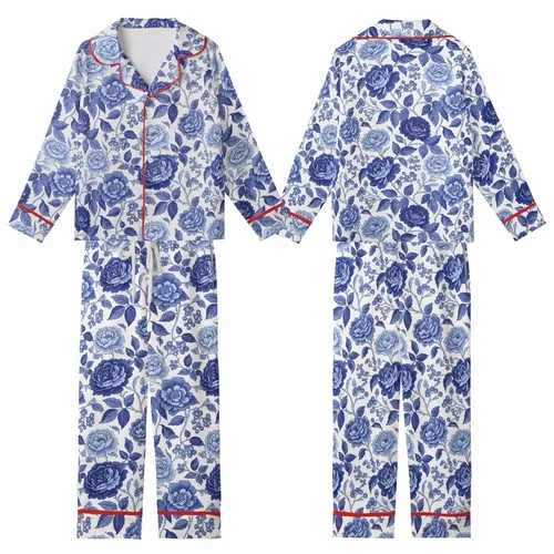Women's Hand-Drawn Vintage Chintz Sapphire Azure Blue Rose Peony Leafy Botanical Pattern Kid Satin Pajamas Set
