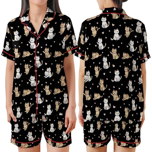 Cat Lovers' Cute Cartoon Cats Tan Striped White Orange Pink Hearts Black Pattern Satin Short-Sleeve Pajamas Set