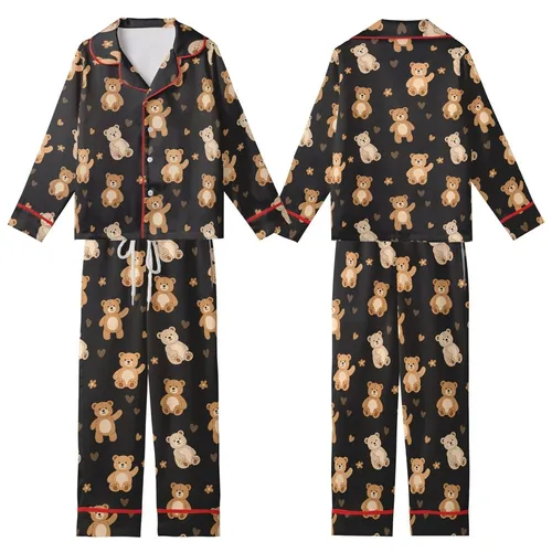 Sweet Style Enthusiasts' Charcoal Black Plush Caramel Bear Hearts Orange Flowers Seamless Pattern Kid Satin Pajamas Set