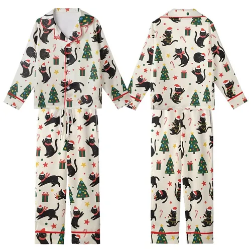 Festive Cat Lovers' Whimsical Black Cat Holiday Pattern with Red Santa Hats, Green Lights & Christmas Trees on Cream Kid Satin Pajamas Set