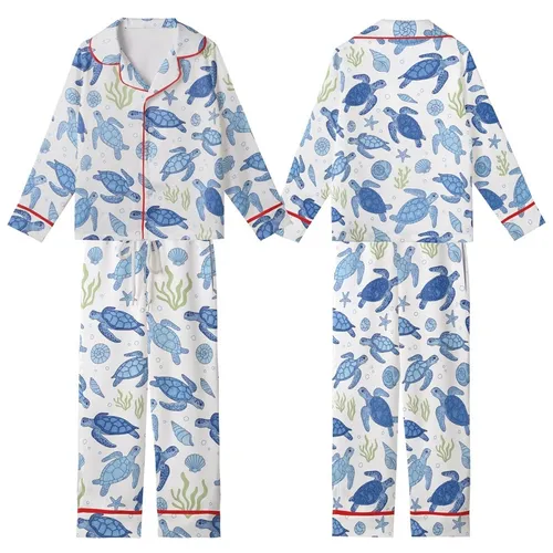 Ocean Lovers' Cerulean Blue Sea Turtle Hand-Drawn Marine Life Chartreuse Green Seamless Pattern Kid Satin Pajamas Set