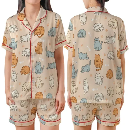 Cat Lovers' Whimsical Plump Cartoon Cats Seamless Pattern in Pastel Grey-Blue Ginger Cream, Pale Peach Background, Paw Prints & Fish Bones Satin Short-Sleeve Pajamas Set