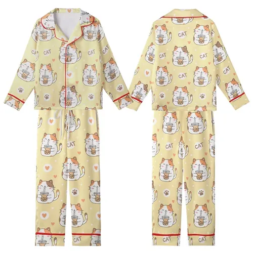 Cat Lovers' Kawaii Calico Cat Boba Tea Pastel Yellow Polka Dot Pattern with Taupe Paw Prints Light Orange Hearts Kid Satin Pajamas Set