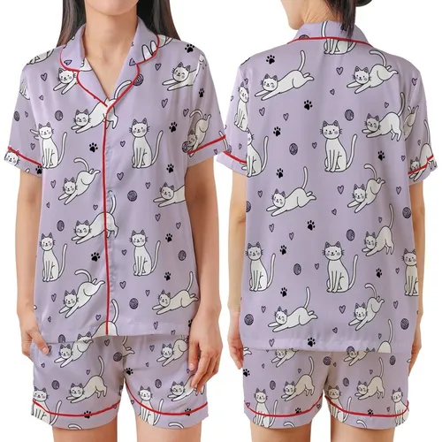 Cat Lovers' Whimsical Flat White Cartoon Cats, Black Paw Prints & Yarn Balls on Light Lavender Pattern Satin Short-Sleeve Pajamas Set