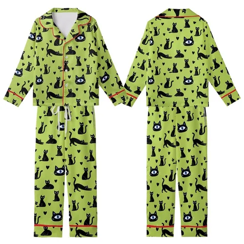 Cat Lovers' Vibrant Lime Green Black Cat Silhouette Heart Pattern with Blue Eye Detail Kid Satin Pajamas Set