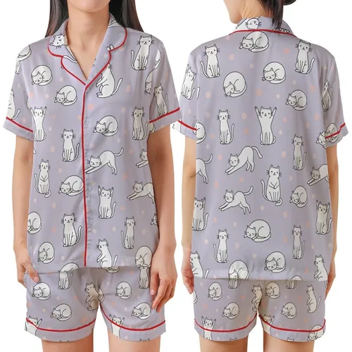 Cat Lovers' Whimsical Lavender Playful White Outline Cartoon Cat Pink Polka Dot Pattern Satin Short-Sleeve Pajamas Set