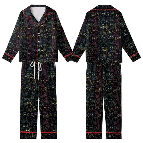 Cat Lovers' Dense Whimsical Black Cat Neon Green Pink Blue Yellow All-Over Graphic Pattern Kid Satin Pajamas Set