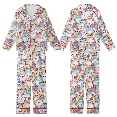 Kawaii Cat Lovers' Seamless Pastel Pink Blue Peach Lavender Cartoon Cats Pattern with Whimsical Yarn Balls Bows Kid Satin Pajamas Set