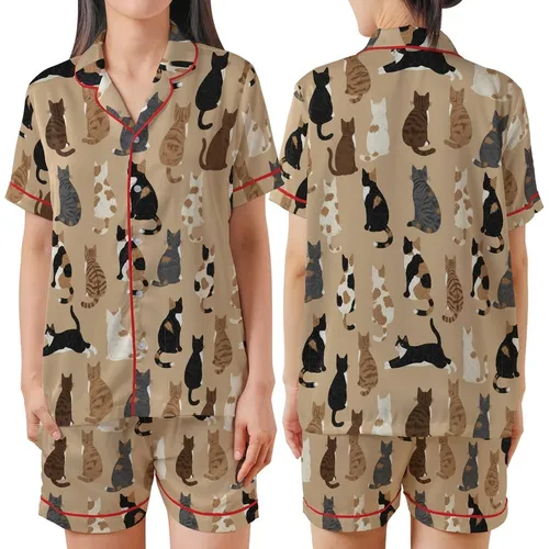 Cat Lovers' Warm Beige Seamless Pattern Diverse Rear-View Cats Calico Tabby Tuxedo Cream Black Gray Brown Fur Satin Short-Sleeve Pajamas Set