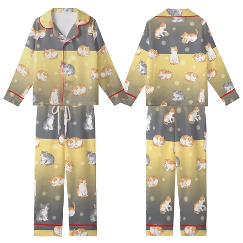 Cat Lovers' Adorable Illustrative Baby Kittens Ginger Grey White Playful Poses Yellow Orange Dreamy Circles Kid Satin Pajamas Set