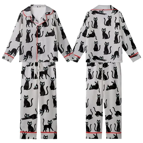 Cat Lovers' Whimsical Black Cat Pattern on Light Heather Gray, Playful Poses, White Eyes, Teal Pupils, Cartoon Style Kid Satin Pajamas Set