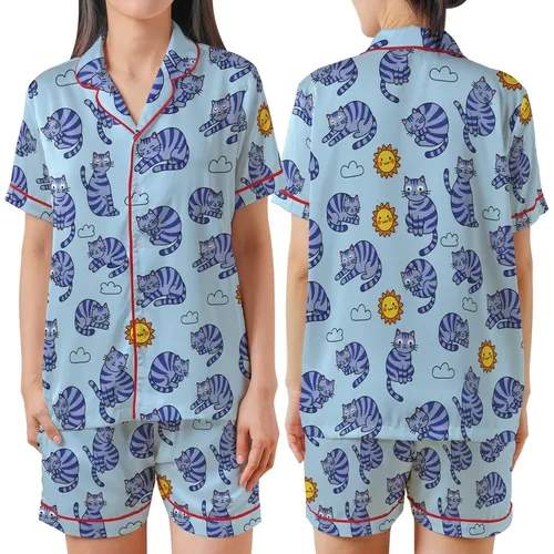 Cat Lovers' Whimsical Cartoon Periwinkle Indigo Napping Cats & Bright Yellow Suns Sky Blue Seamless Pattern Satin Short-Sleeve Pajamas Set