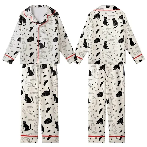Cat Lovers' Whimsical Hand-Drawn Black Doodle Cats Soft Cream Seamless Pattern, Stars, Fishbones, Yarn, Meow Purr Kid Satin Pajamas Set