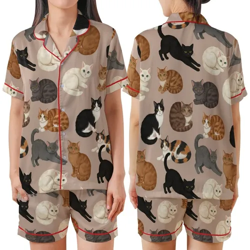 Cat Lovers' Whimsical Diverse Cat Pattern with Painterly Calico Tuxedo Tabby Felines on Blush Beige Satin Short-Sleeve Pajamas Set