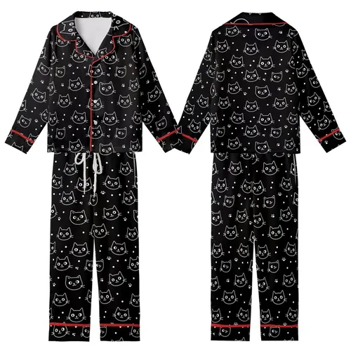 Cat Lovers' Playful Cartoon Cat Face Silhouette Seamless Pattern Black White Lavender Accents Illustrative Vector Art Kid Satin Pajamas Set